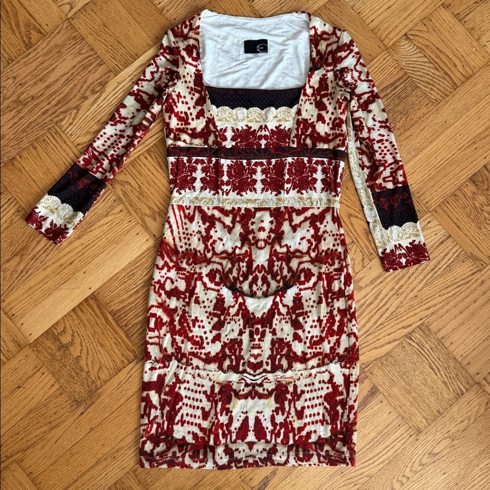 Vintage Just Cavalli Pink Red Snake Print long sleeve stretch Dress 42/6 Y2K